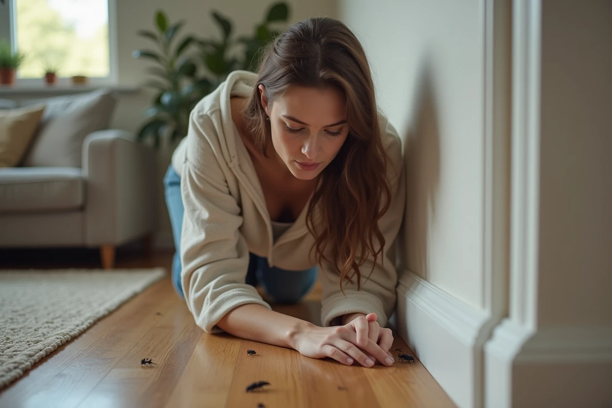 Jeune femme examine des insectes dans son appartement