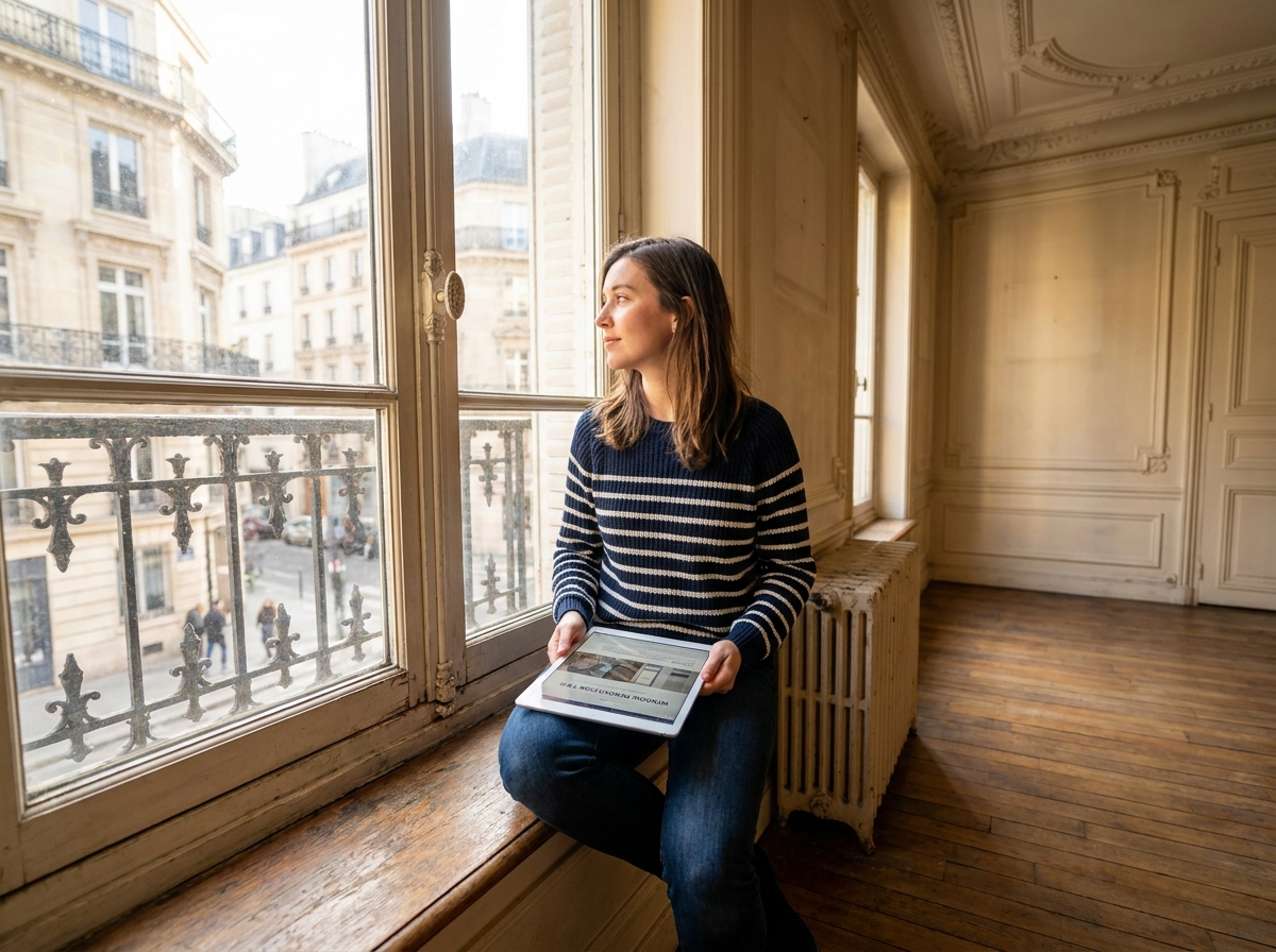 Jeune femme regarde par la fenêtre dans un appartement parisien