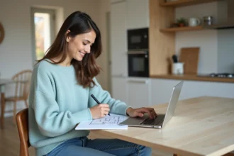 Jeune femme esquissant un plan de maison sur un notepad
