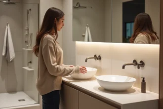 Jeune femme compare deux lavabos dans une salle de bain moderne