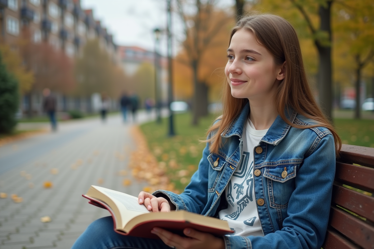 Jeune fille assise sur un banc dans un parc en automne
