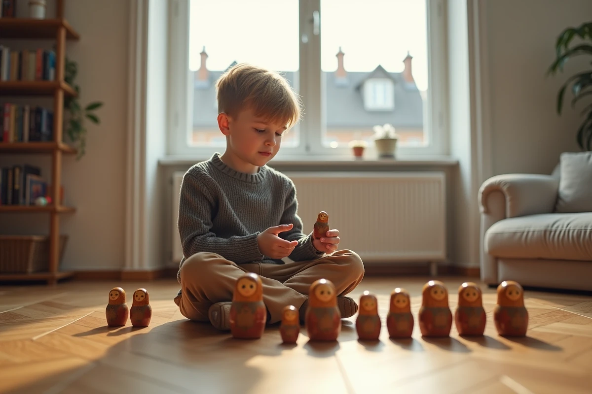 Jeune garçon découvrant des poupées Matryoshka dans le salon