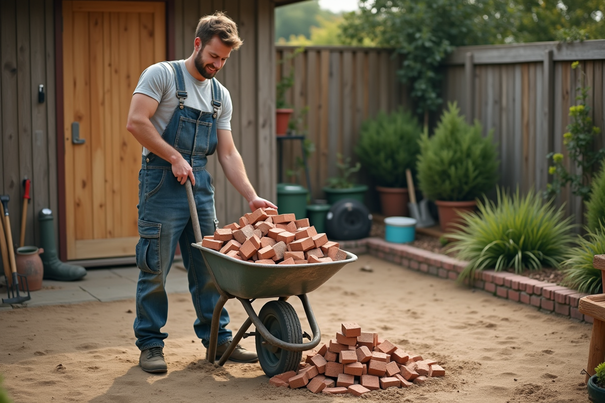 Jeune homme versant des briques recyclées dans le jardin