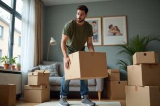 Jeune homme en t-shirt vert et jeans déplaçant une boîte de déménagement