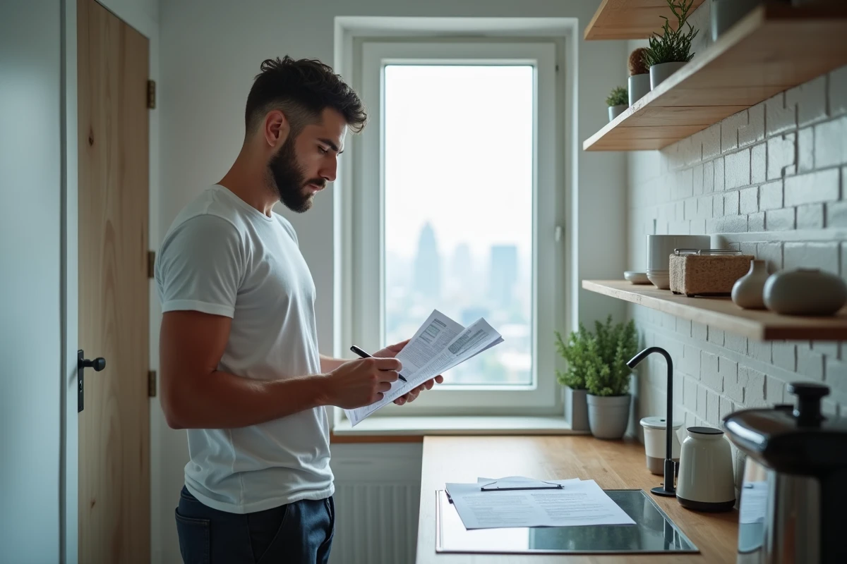 Jeune homme locataire étudiant des documents d'assurance habitation dans sa cuisine de studio en ville