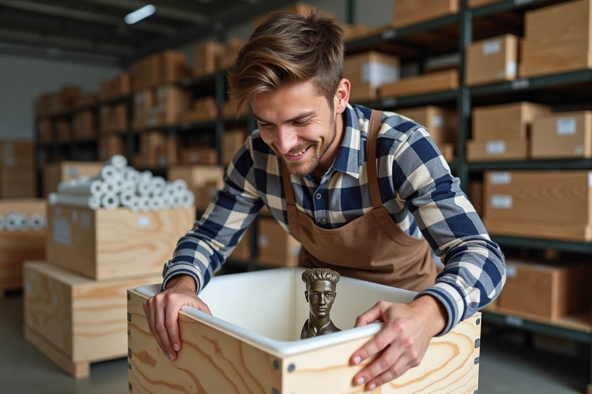 Jeune homme préparant une statue en bronze dans un entrepôt