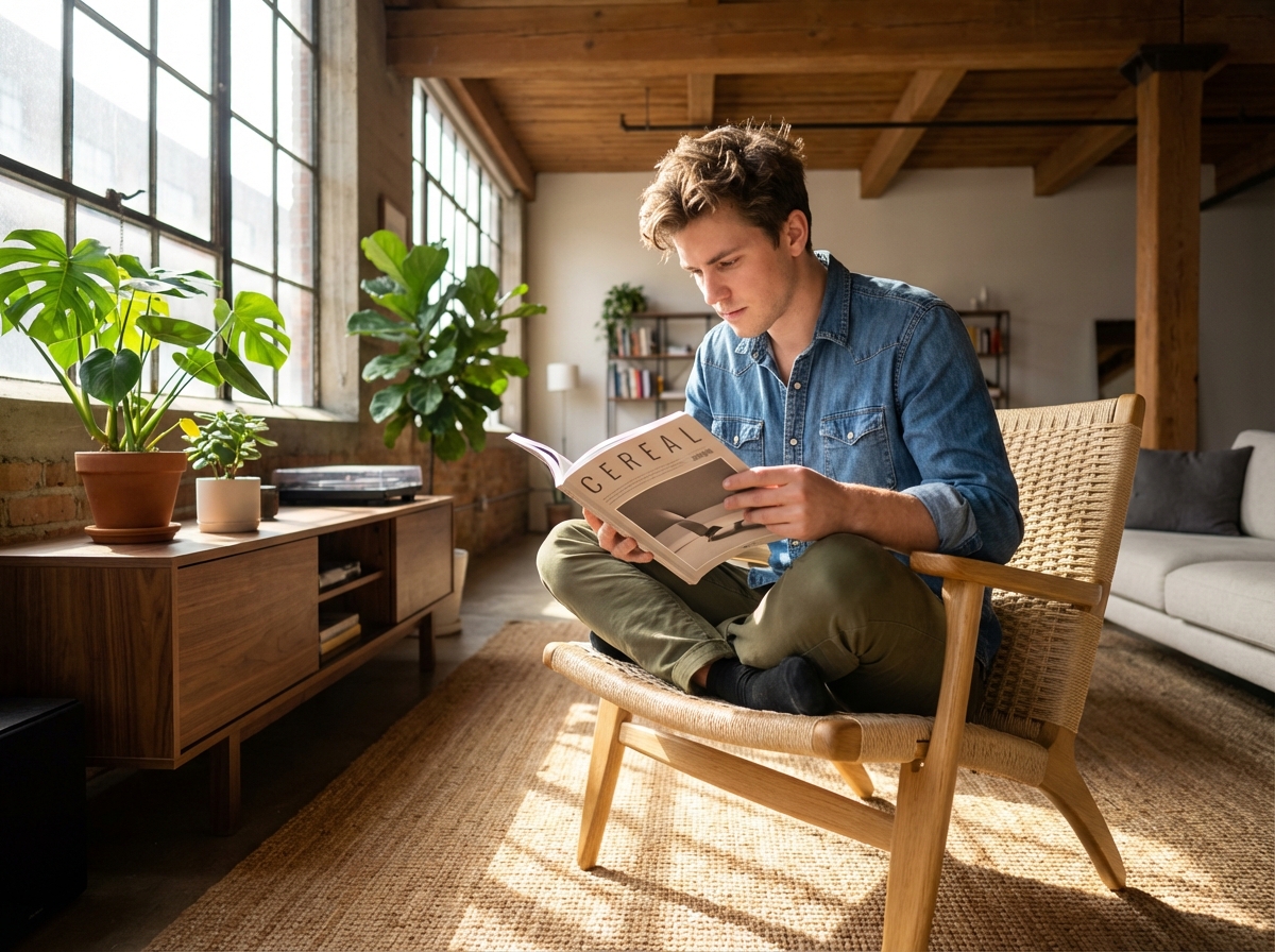 Jeune homme lisant un magazine dans un salon scandinave lumineux