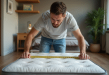 Jeune homme mesure un matelas dans un studio moderne