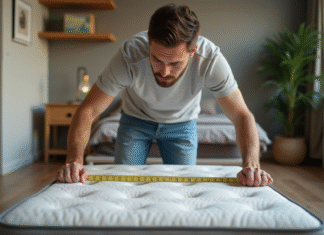 Matelas : s’intègre-t-il aisément dans un espace de 3m3 ? Jeune homme mesure un matelas dans un studio moderne
