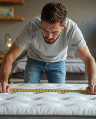 Jeune homme mesure un matelas dans un studio moderne