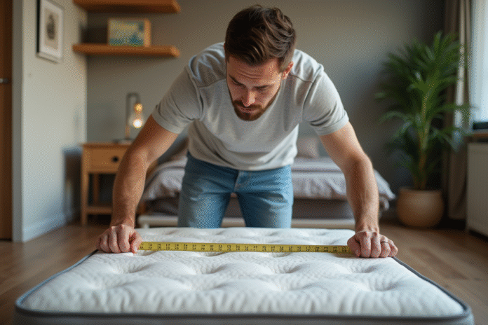 Jeune homme mesure un matelas dans un studio moderne