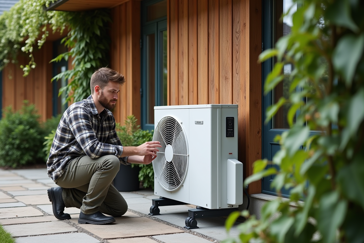 Jeune homme vérifiant une pompe à chaleur extérieure