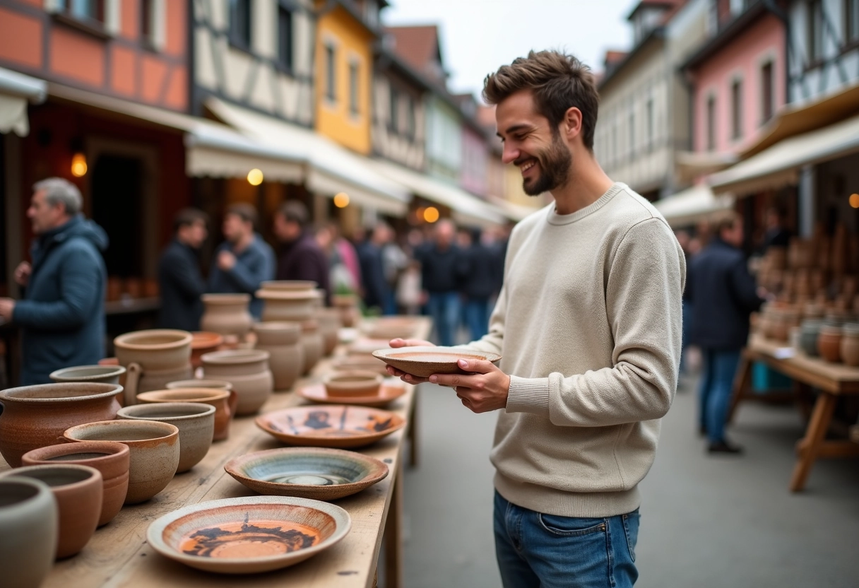Jeune homme souriant examinant une assiette en céramique