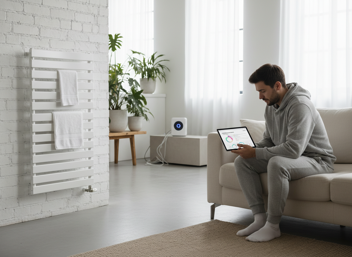 Jeune homme regardant ses statistiques d énergie près d’un radiateur connecté