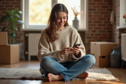 Jeune locataire assise sur le parquet de son appartement consultant une application d'assurance habitation sur smartphone