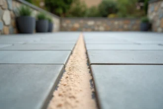 Gros plan sur un joint de dilatation en polyuréthane beige entre deux carrelages en grès cérame gris sur une terrasse extérieure avec traces de gel