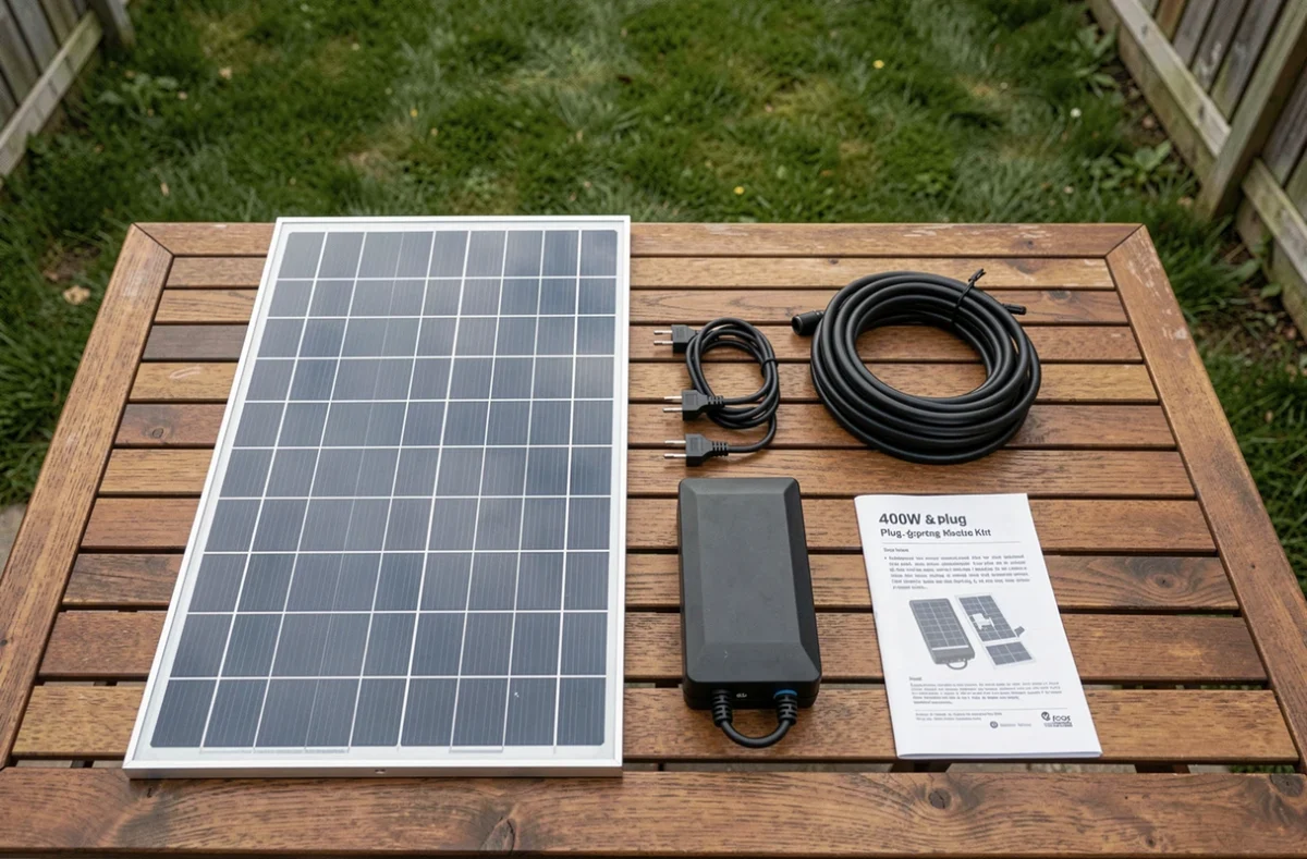 Kit complet de panneau solaire plug and play 400W avec micro-onduleur et câble Schuko, déballé sur une table de jardin