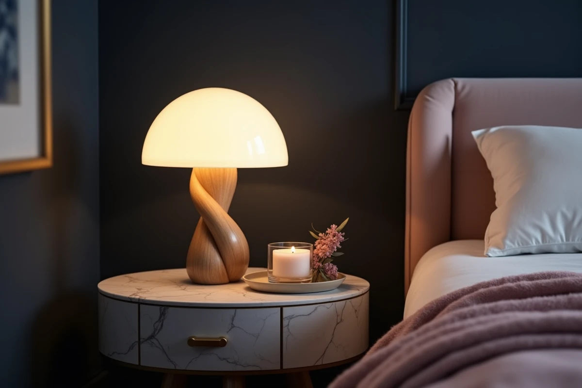 Lampe champignon au cap en verre dépoli et pied en bois torsadé sur table de nuit en marbre dans une chambre moderne aux murs bleu marine