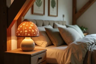 Lampe de chevet en forme de champignon en céramique posée sur une table de nuit en bois rustique dans une chambre cocooning aux tons chauds