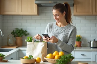 Femme recevant une livraison de courses Carrefour à domicile, rangeant ses sacs dans une cuisine moderne