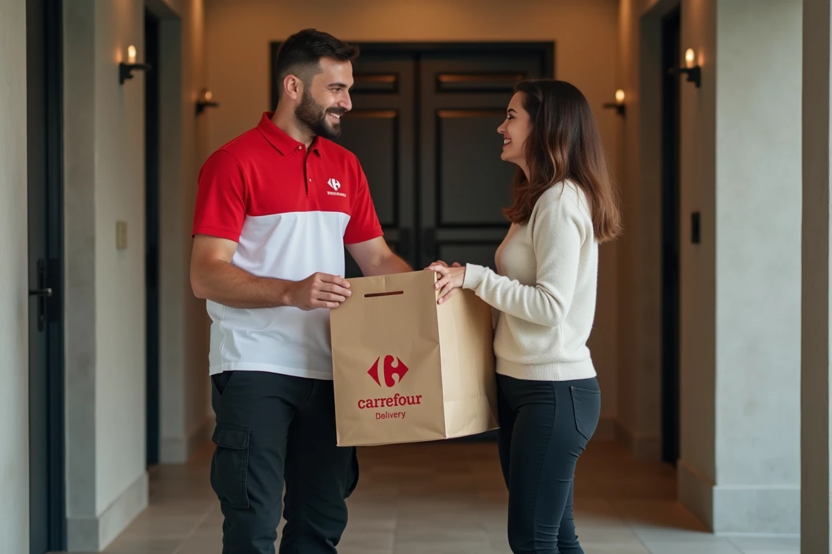 Livreur Carrefour remettant un sac isotherme de courses à une cliente devant la porte de son appartement