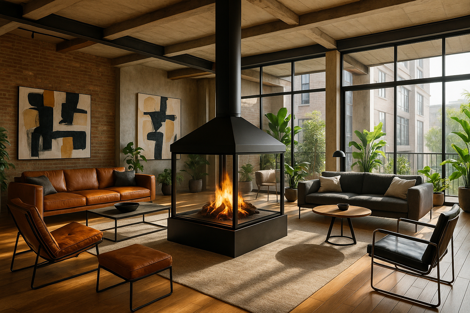 Loft avec cheminée en verre et mobilier tendance lumineux