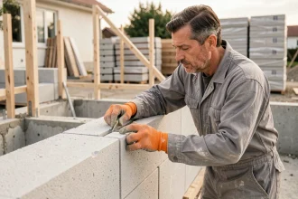 Maçon posant des parpaings en béton cellulaire sur un mur porteur en construction