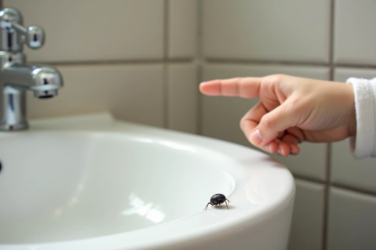 Enfant pointant un insecte dans la salle de bain