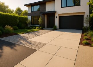 Photo hyperrealiste d'une maison moderne avec allée en surface variée