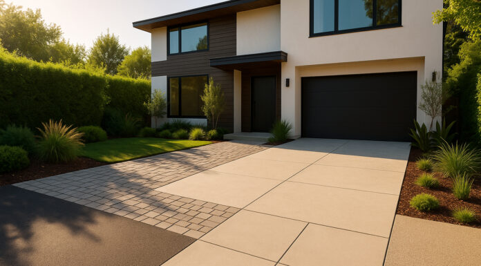 Photo hyperrealiste d'une maison moderne avec allée en surface variée