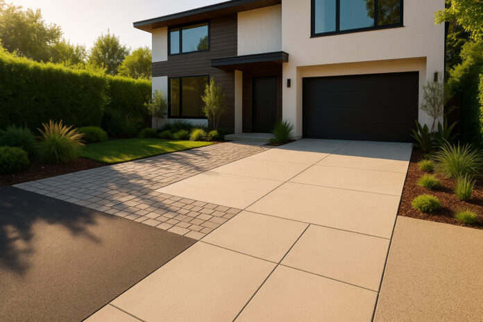 Photo hyperrealiste d'une maison moderne avec allée en surface variée