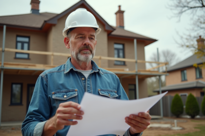 Homme moyenâge en extérieur étudie plans de maison en rénovation