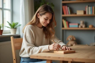 Jeune maman appliquant de l'huile de lin sur un jouet en bois