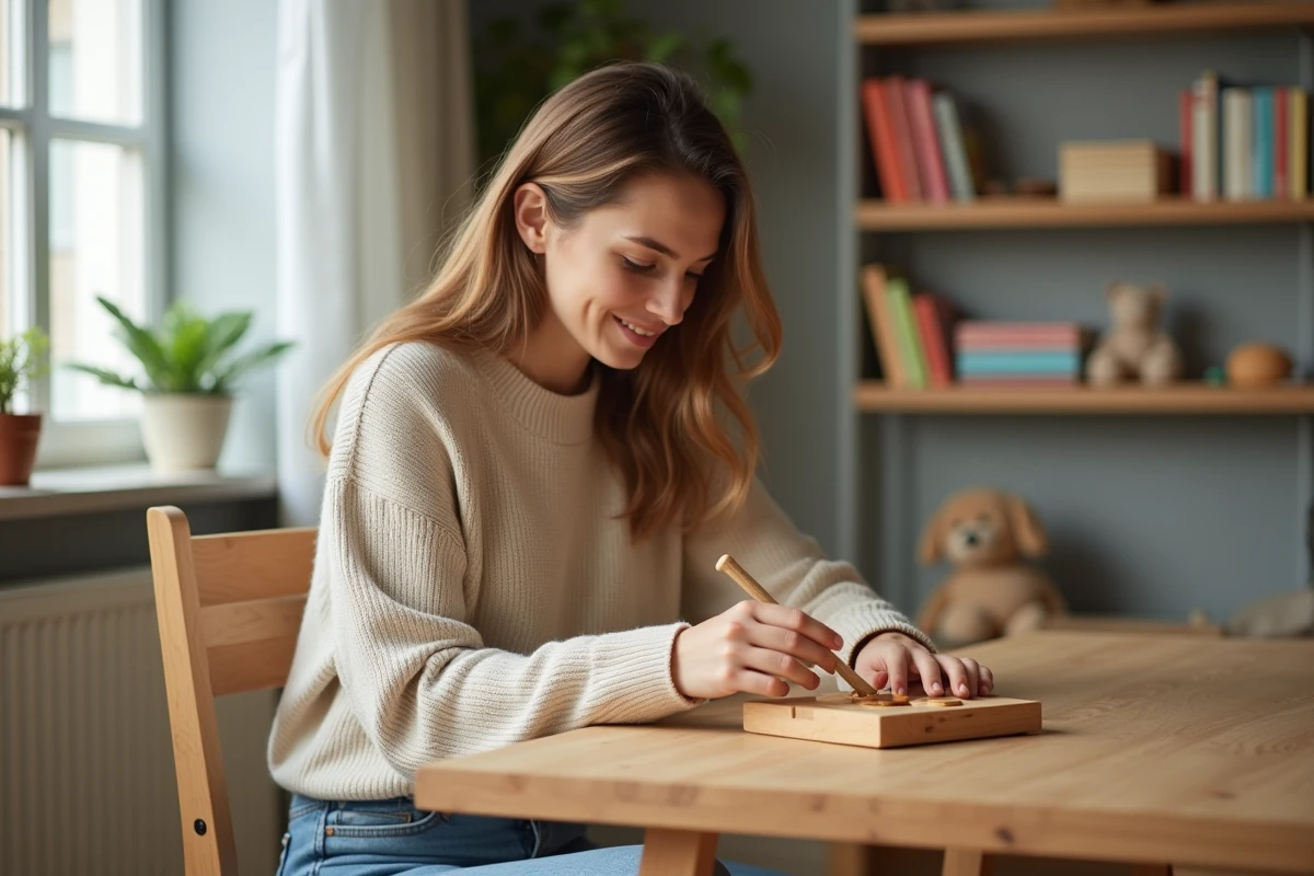 Jeune maman appliquant de l'huile de lin sur un jouet en bois
