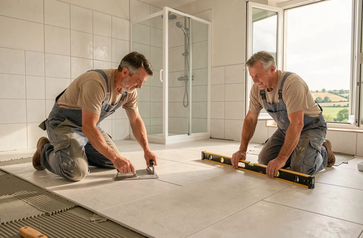 Ouvriers de Marcon-Blachon posant du carrelage grand format dans une salle de bain de la Loire