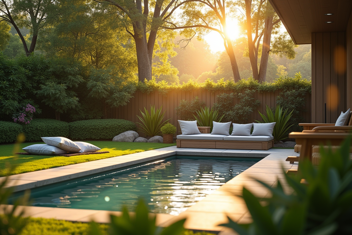 Scène matinale dans un jardin avec petite piscine et coin détente