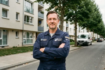 Technicien en climatisation devant un immeuble résidentiel en Seine-Saint-Denis, représentant le classement des meilleurs installateurs de climatisation du département