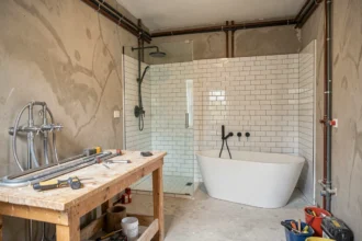 Salle de bain en cours de rénovation dans une maison de la Loire avec carrelage, baignoire et outils de plomberie