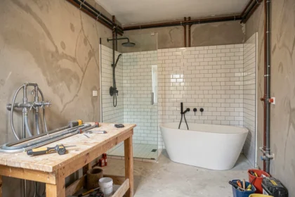 Salle de bain en cours de rénovation dans une maison de la Loire avec carrelage, baignoire et outils de plomberie