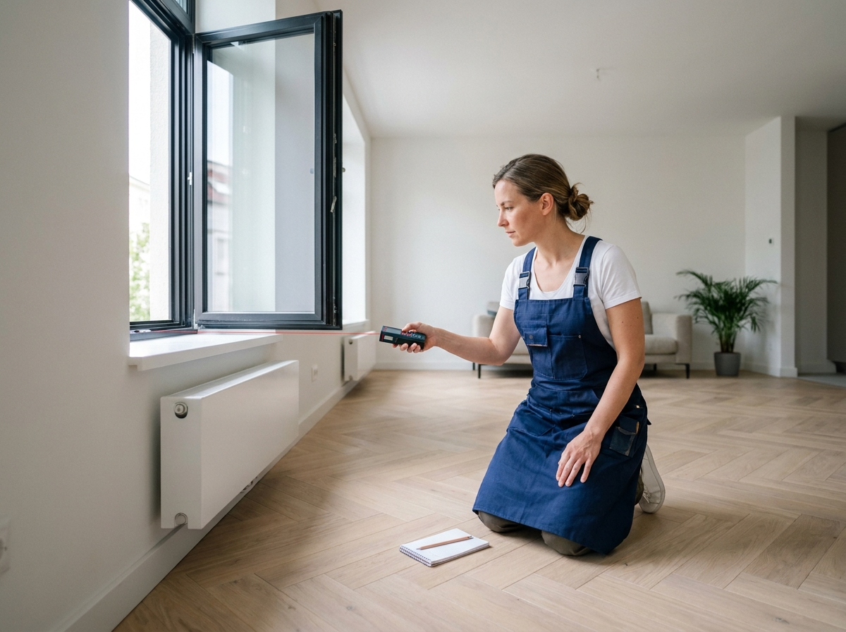 Femme utilisant un télémètre laser pour mesurer une ouverture de fenêtre dans un appartement moderne avant commande sur-mesure