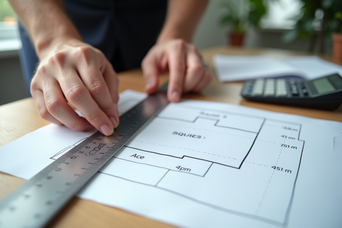 Main masculine mesurant un plan avec règle et calculatrice