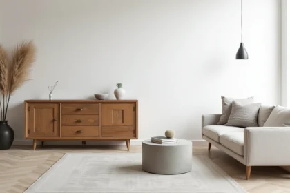 Meuble en bois vintage en chêne intégré dans un salon minimaliste moderne avec canapé en lin et table en béton
