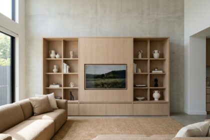 Meuble TV sur mesure en chêne blanc mat intégré dans un salon moderne et épuré avec canapé en bouclé beige