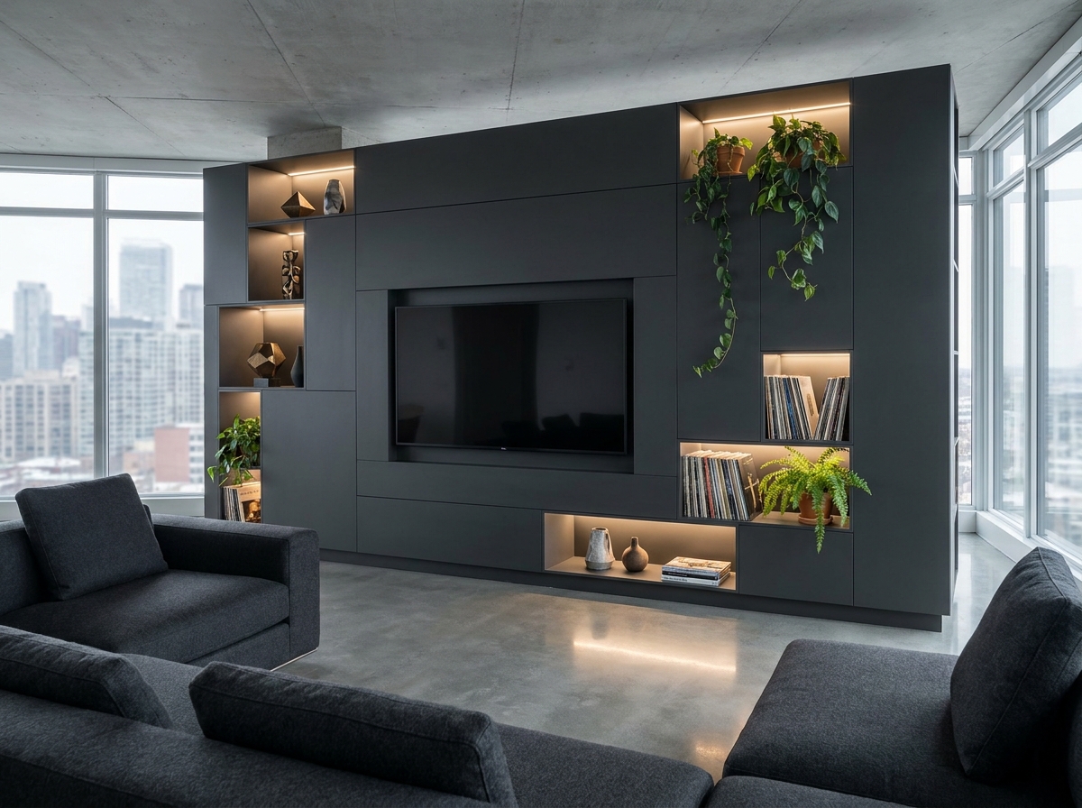 Mur TV spectaculaire en laque anthracite avec niches rétroéclairées et plantes dans un appartement contemporain open space