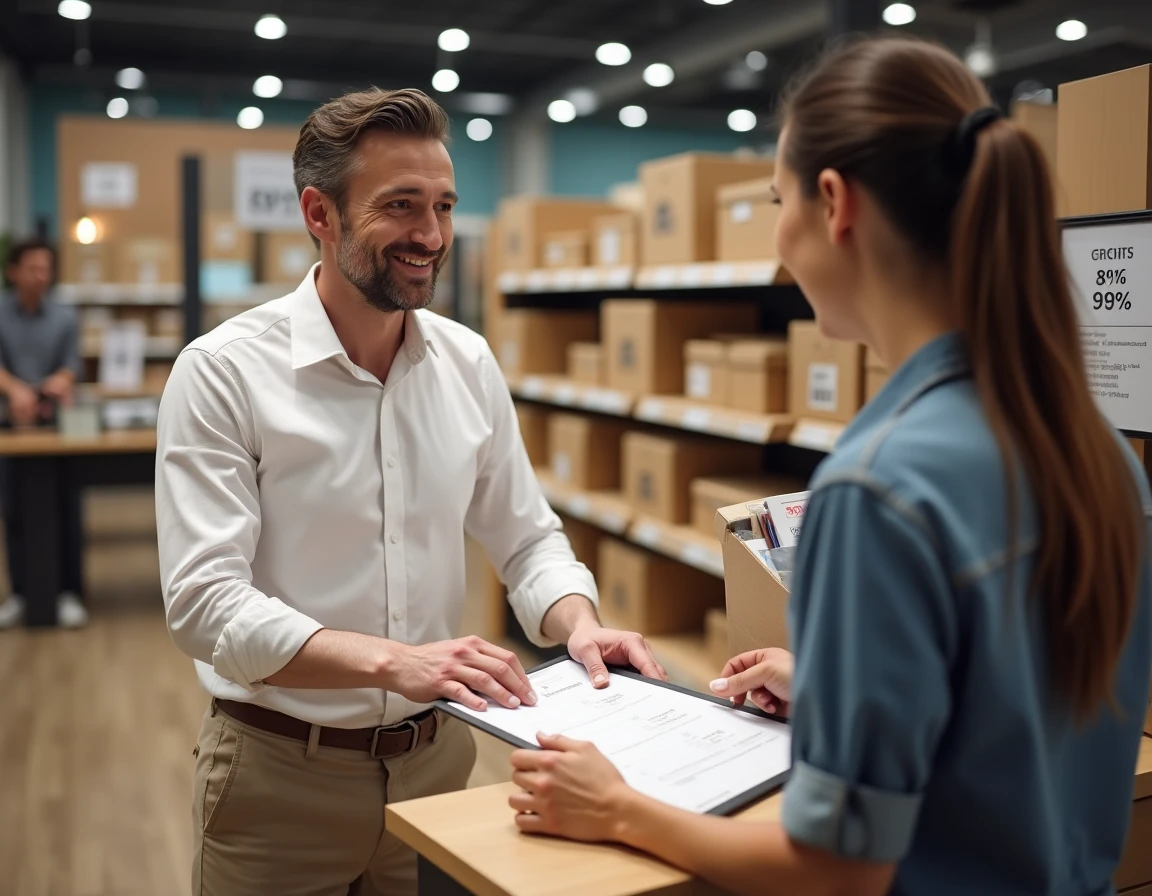 Client négociant une remise supplémentaire avec un vendeur dans un magasin de déstockage de meubles