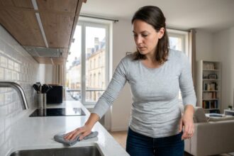 Femme nettoyant le plan de travail d'une cuisine moderne avant un état des lieux de sortie dans un appartement en location à Metz