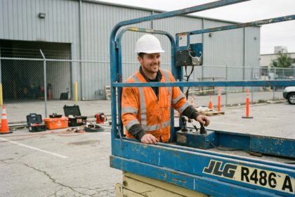 Opérateur masculin en sécurité sur une grue en extérieur