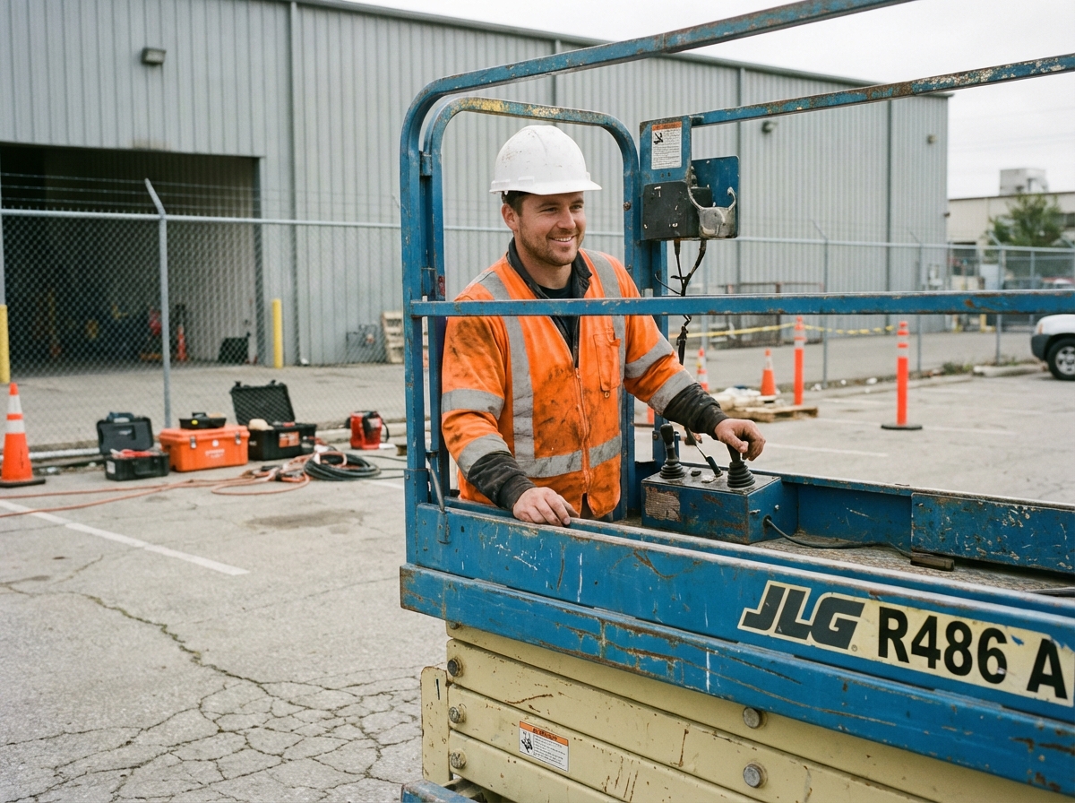 Opérateur masculin en sécurité sur une grue en extérieur
