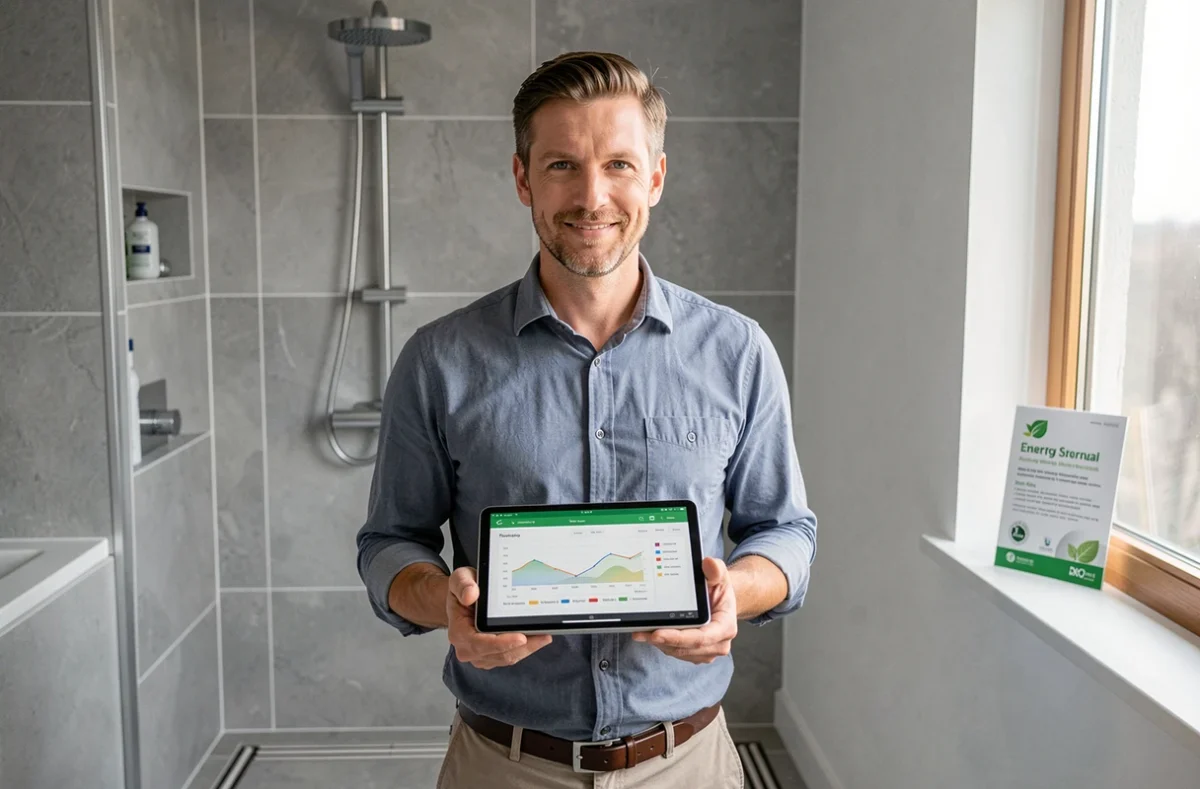 Consultant d'Optimisation Habitat Energie présentant une salle de bain rénovée éco-efficiente dans la Loire