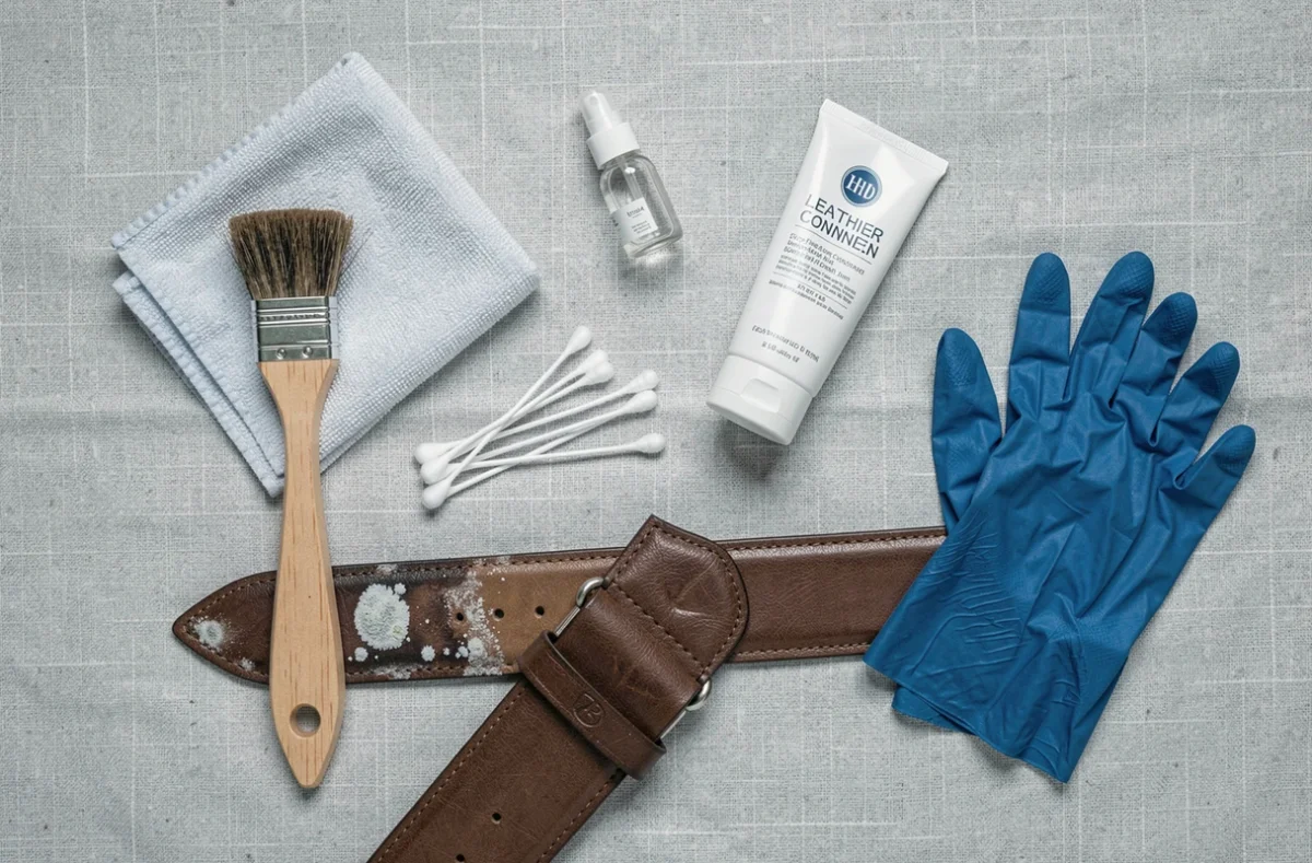 Vue à plat de tous les outils nécessaires pour nettoyer du cuir de luxe moisi : brosse douce, flacon spray, chiffons microfibre, crème nourrissante, cotons-tiges et gants en nitrile autour d'une ceinture en cuir partiellement nettoyée